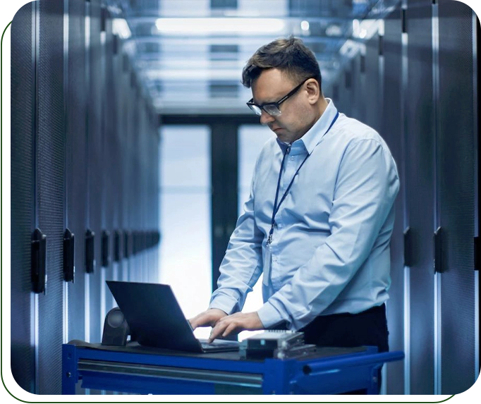 A man in glasses is working on his laptop