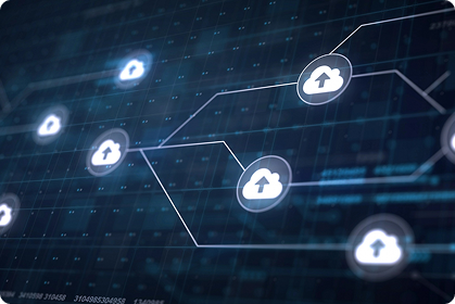 Digital illustration of multiple cloud icons connected by lines on a dark blue background, representing cloud computing, data storage, or network connectivity.