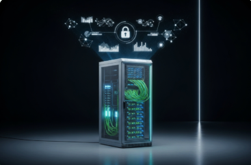 A server rack with glowing cables stands in a dark room, while digital security icons, graphs, and a padlock hologram float above it, symbolizing cybersecurity and data protection.