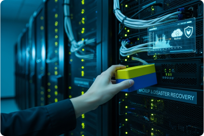 A person holds a yellow and blue block near server racks in a data center, with a holographic display showing backup, cloud, and security icons labeled Backup & Disaster Recovery.