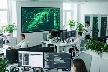 A modern office with several people working at computer desks, large monitors displaying code, and a big digital map on the wall. The room is bright, with windows and green plants scattered around.