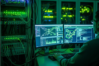 A person works at a desk with dual monitors displaying complex network data and graphs; nearby are server racks with blinking green lights in a dimly lit, high-tech room.