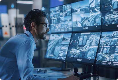 A man wearing glasses sits at a desk monitoring multiple security camera feeds displayed on several large screens in a control room.