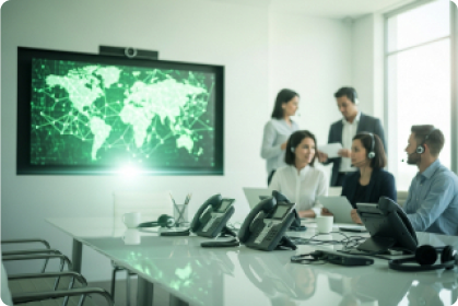 Five people in a modern conference room with laptops and phones, while a large screen displays a digital world map with network connections. Some group members are seated and wearing headsets, others are standing and talking.