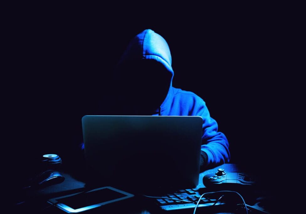 A person in a hooded jacket using a laptop.